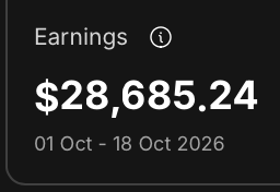 Original screenshot: $28,685.24 earnings, 01–18 October 2026